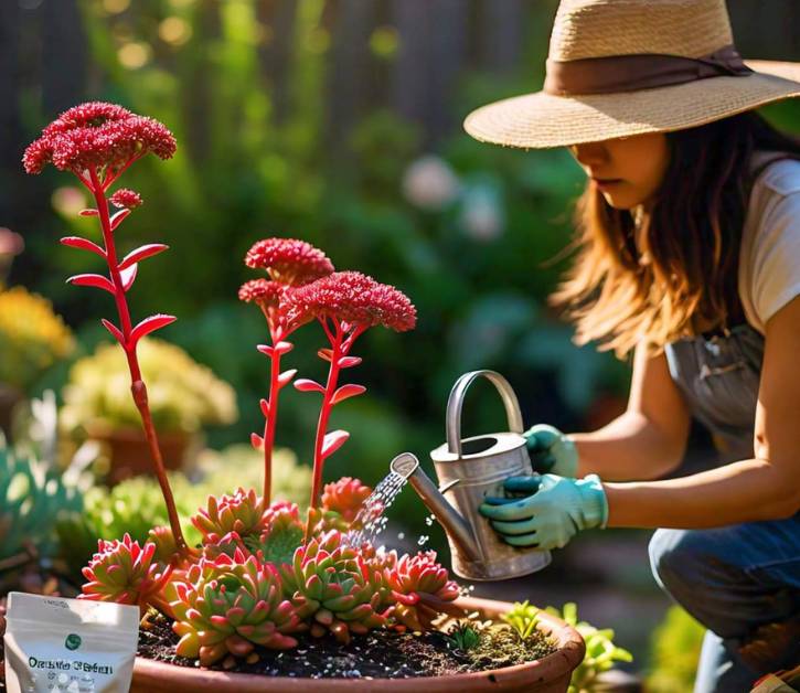 A gardener carefully waters Dragon's Blood Sedum plants in a terracotta pot, ensuring optimal care for healthy growth.