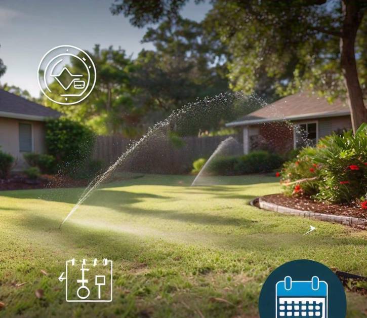 Lawn sprinkler watering Diamond Zoysia grass in a well-maintained yard, highlighting deep, infrequent watering needs for optimal care.