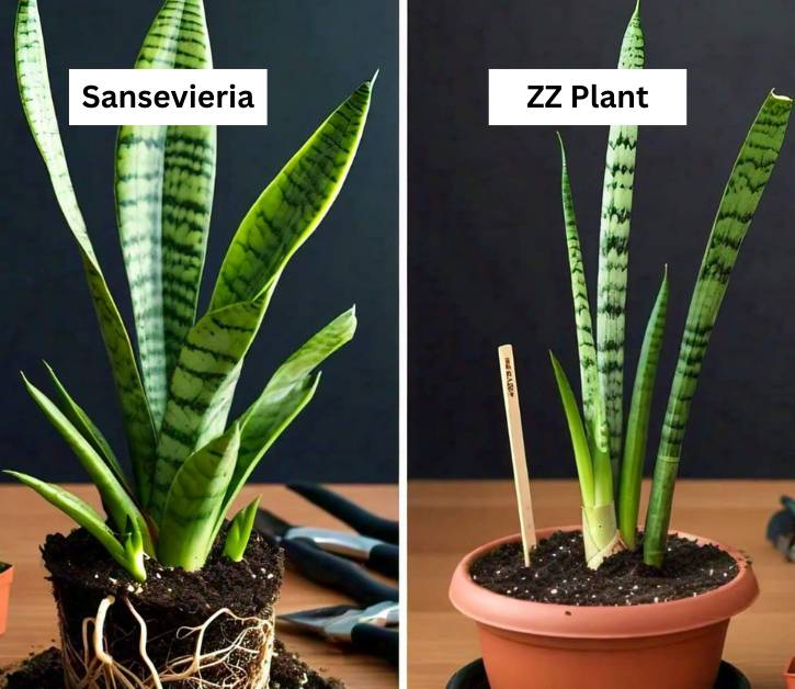 Comparison of Sansevieria and ZZ Plant showing their distinct structures, highlighting differences in propagation and growth.