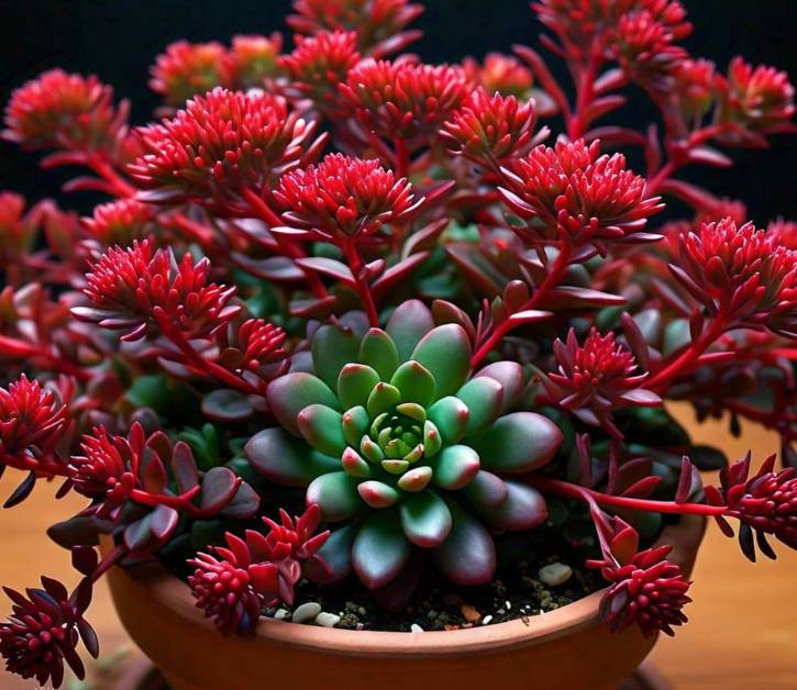 Vibrant Dragon's Blood Sedum plant with red stems and green leaves in a terracotta pot, showcasing its seasonal color changes.