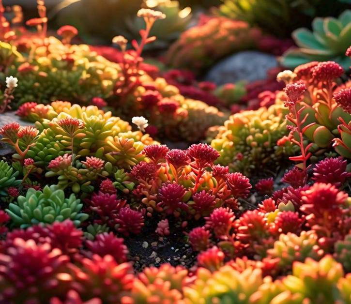 Dragon's Blood Sedum plant used as vibrant ground cover with green to deep red leaves, ideal for erosion control and large areas.