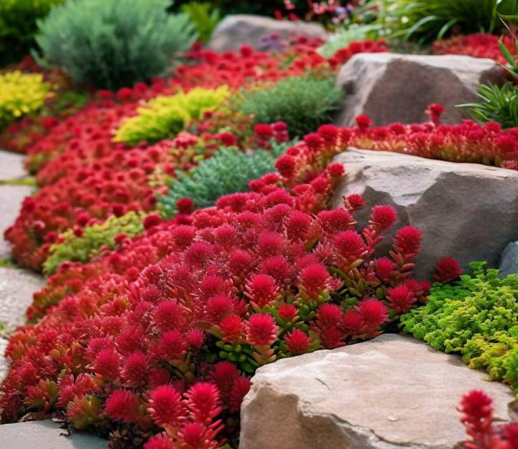 Dragon's Blood Sedum plant thriving in a rock garden, adding vibrant color and texture, perfect for rocky soils and garden borders.