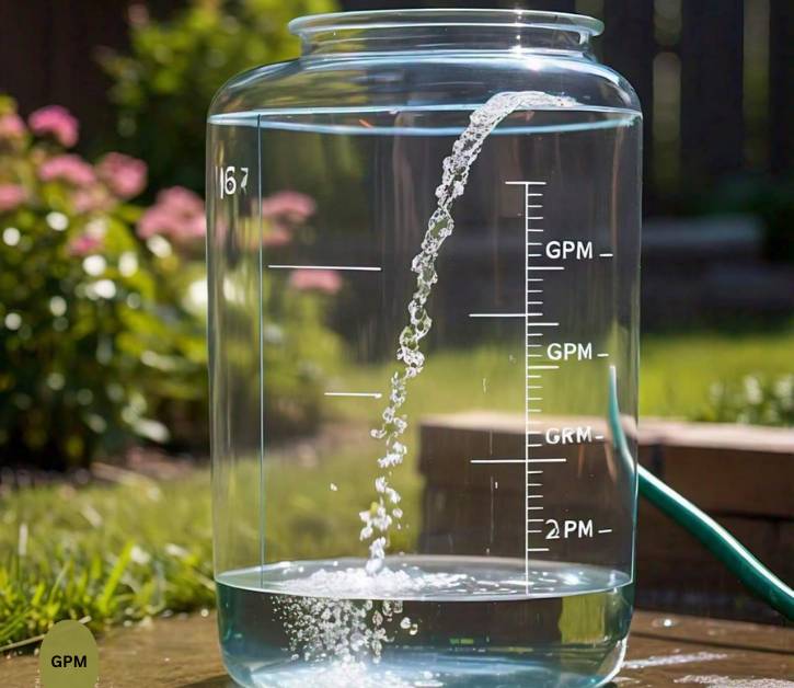 A garden hose filling a marked container, measuring the water flow rate in gallons per minute (GPM), illustrating the concept of hose flow rate.