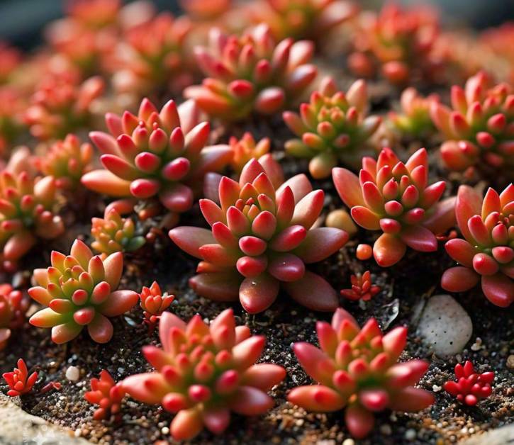 Dragon's Blood Sedum plant thriving in well-drained soil, displaying vibrant red and green leaves under ideal growing conditions.