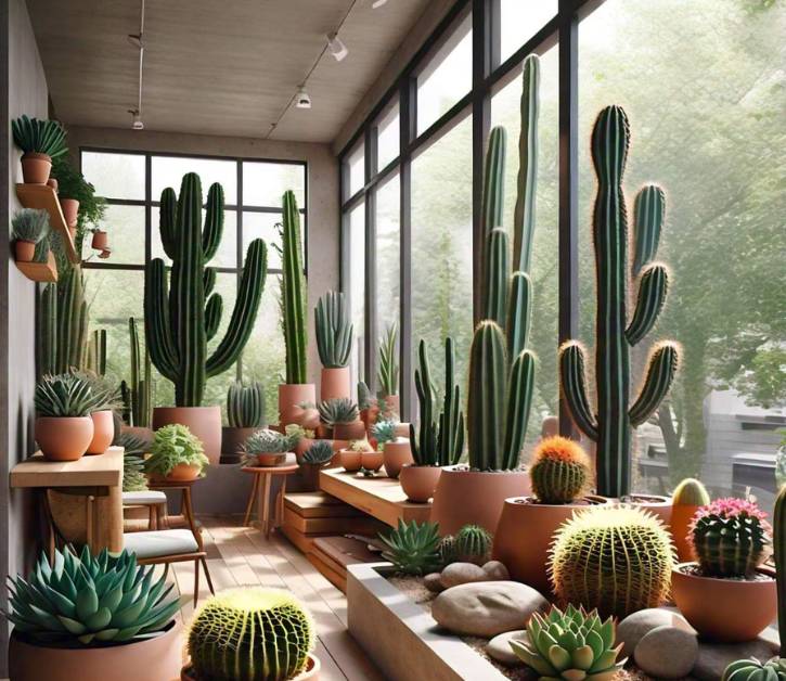 Indoor display of cacti in pots arranged on shelves and tables by a large window, creating a striking layout with various cactus sizes.