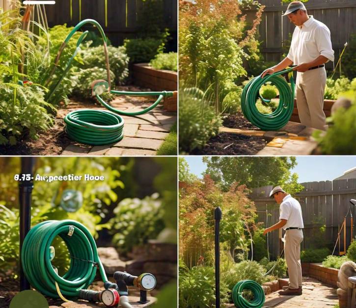 Man storing a garden hose in a garden, showing tips for proper hose storage, checking water pressure, and maintaining water flow rate.