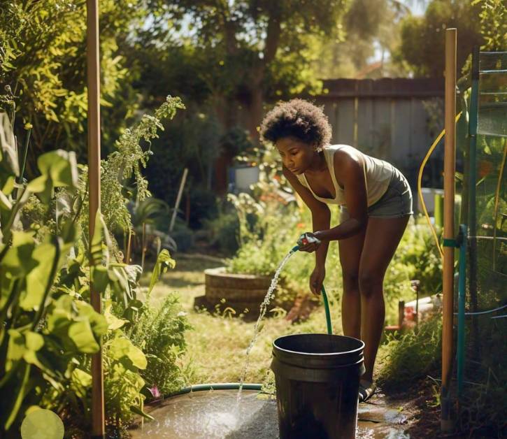 A person measuring garden hose flow rate by filling a bucket with water to check if the flow rate meets gardening needs.