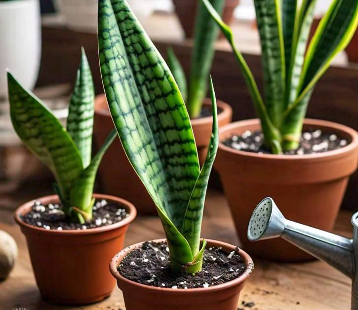 Propagation of Sansevieria cylindrica snake plant using leaf cuttings, showcasing young plants in pots with healthy growth.