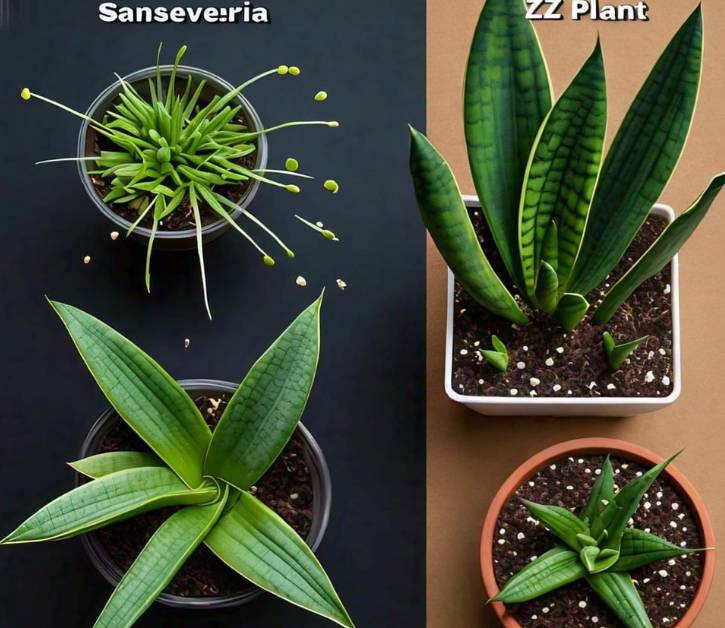 Top view comparison of Sansevieria cylindrica and ZZ Plant highlighting growth differences and propagation methods for indoor gardening.