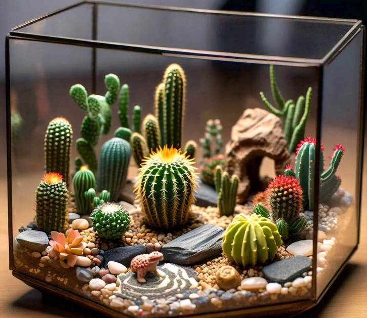 Miniature cactus garden terrarium with small cacti, pebbles, and decorative stones, creating a unique desert-themed display.