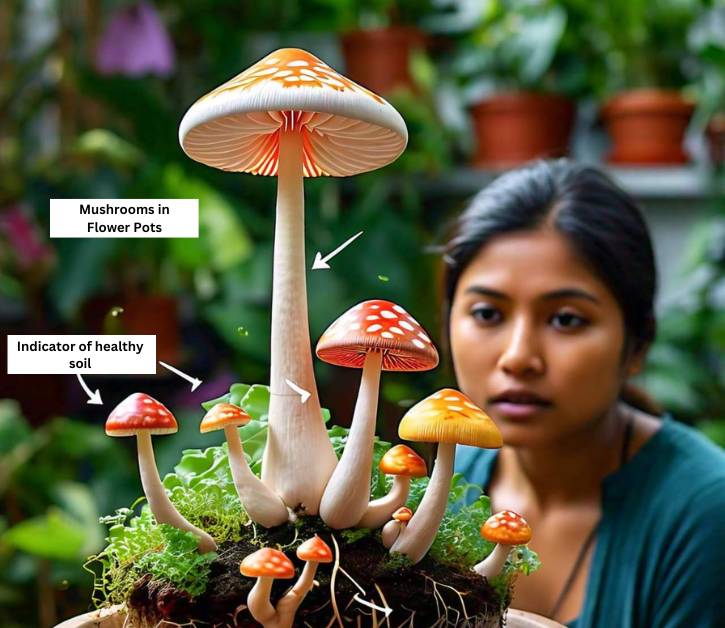 Various mushrooms growing in a flower pot, indicating healthy soil and the benefits of keeping mushrooms in flower pots.