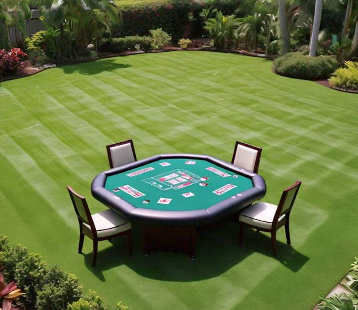 Lush Bermuda Blackjack grass lawn with a poker table, showcasing its aesthetic appeal and durability.