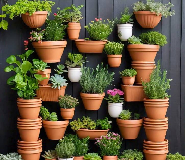 A vertical arrangement of stacked terracotta on a wall, showcasing small succulents and compact plants. Ideal for small space gardening.