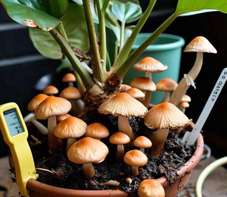 Brown mushrooms growing in a flower pot with moist soil, indicating overwatering; suggests adjusting watering to avoid potential harm.