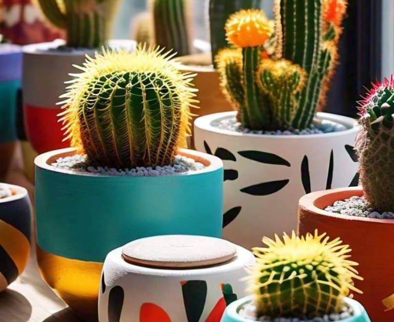 A collection of vibrant cacti in beautifully designed flower pots, featuring colorful, geometric patterns and various cactus species.