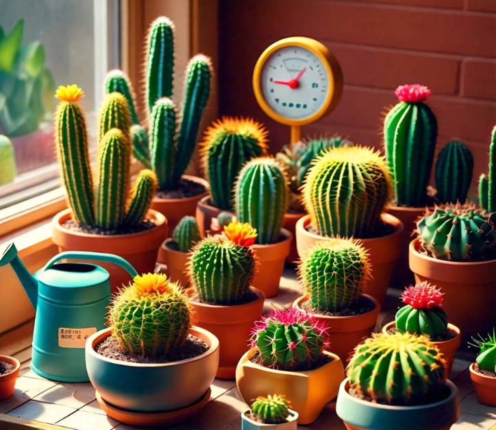 Various types of cacti in flower pots near a sunny window, highlighting essential care tips for maintaining healthy potted cactus plants.