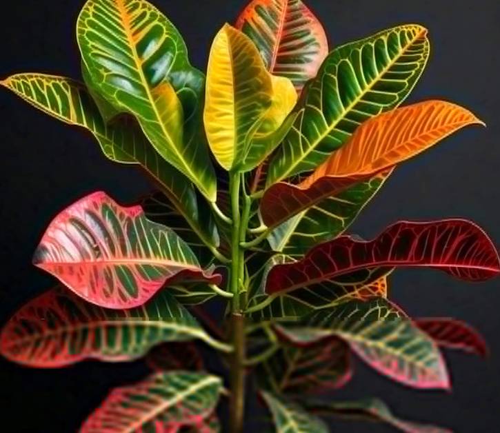 Croton Mammy plant with narrow, twisted leaves in vibrant green, red, orange, and yellow, displaying its unique leathery texture.