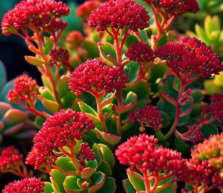 Close up of vibrant red dragon's blood sedum flowers, with thick green succulent leaves, thriving in sunlight. 