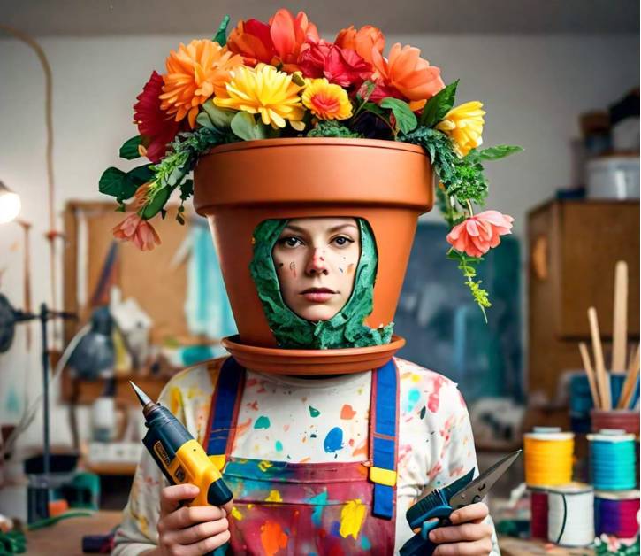 A person wearing a creative flower pot costume, with vibrant flowers on top, holding crafting tools for a step-by-step DIY guide.