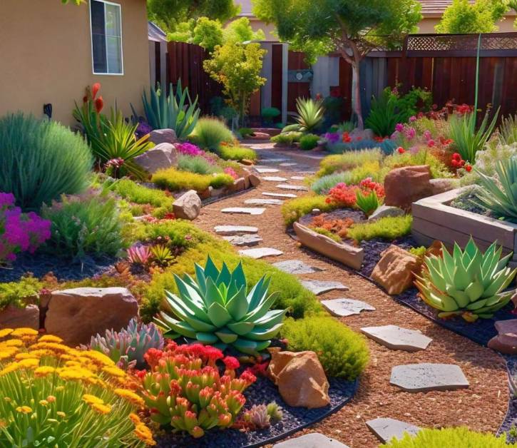 Beautiful seen how to make a drought tolerant yard designed with xeriscaping principles, native plants, rocks, and a stone pathway.