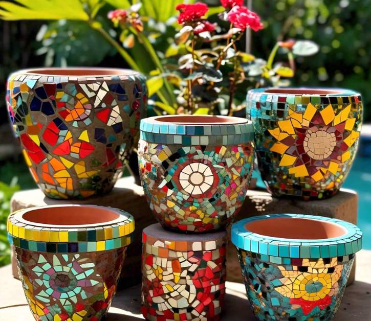 Colorful mosaic flower pots with geometric and nature-inspired designs, showcasing creative ideas for making unique mosaic pots.