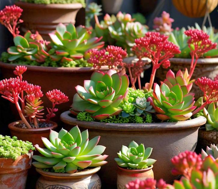 Dragon's Blood Sedum plant in pots, thriving on patios and decks. Ideal for container gardening with well-drained potting mix.