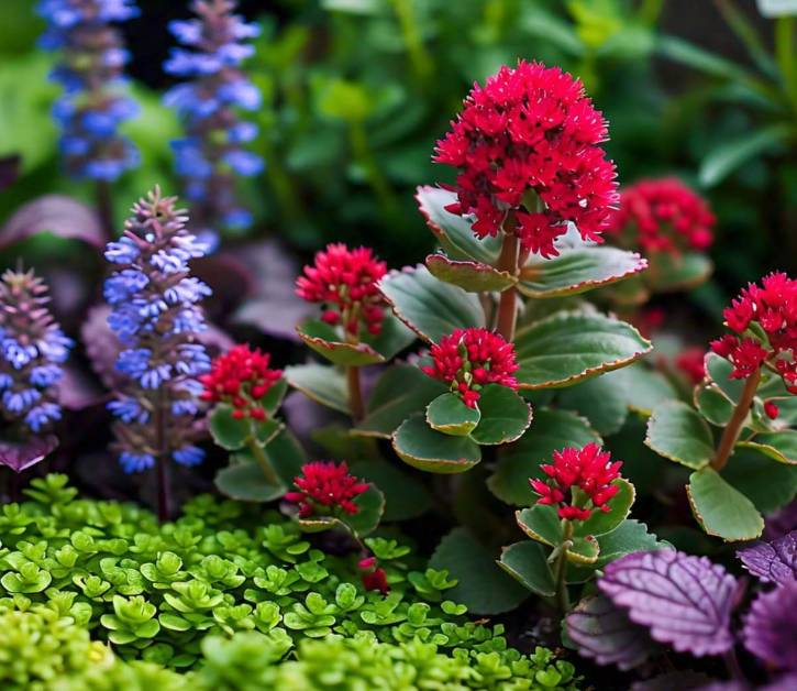 Vibrant drangon's blood sedum with deep red blooms and succulent green leaves, surrounded by purple and blue flowers in a garden.