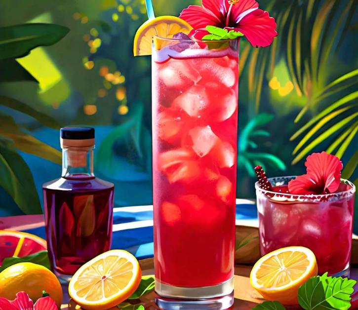 Vibrant Florida cranberry drinks, featuring a tall lemonade and a cocktail garnished with hibiscus flowers.