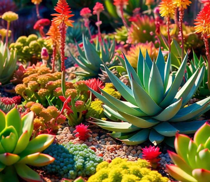 A colorful drought tolerant garden with a variety of succulents and drought-resistant plants thriving in dry conditions.