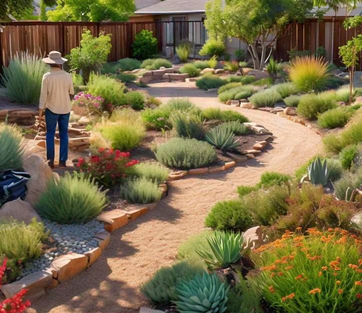 A person assessing the layout and plants in a drought tolerant yard, emphasizing the importance of evaluating yard conditions.