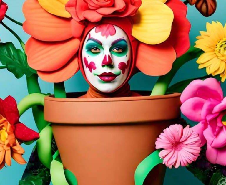 Creative DIY flower pot costume featuring a colorful person in a pot, with large vibrant flowers blooming from the head and body.