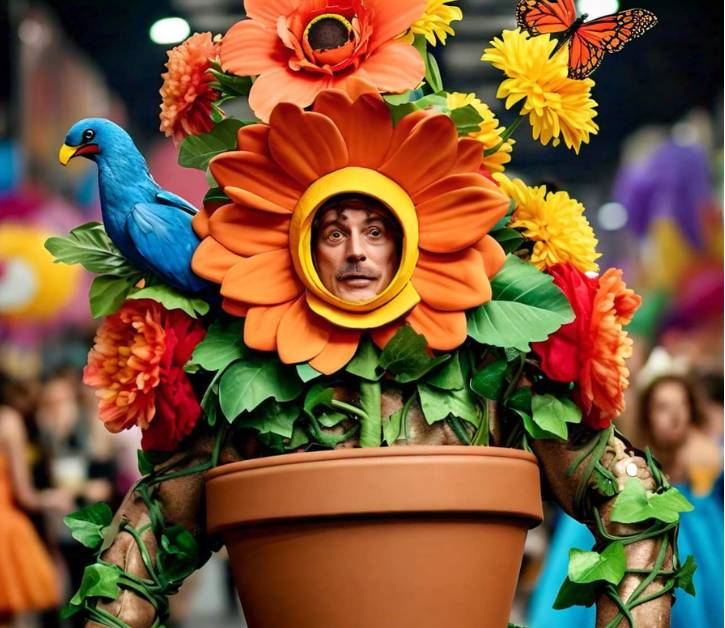 Adult flower pot costume with large orange flowers, butterfly, and bird props, perfect for creative adult flower pot costumes.