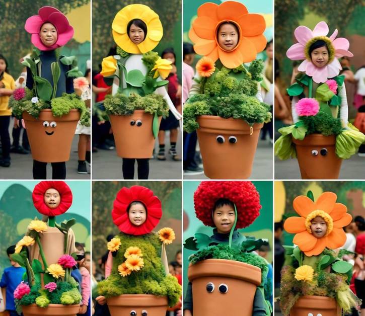 Children dressed in colorful flower pot costumes, featuring vibrant flowers and greenery, perfect for a fun garden-themed event.