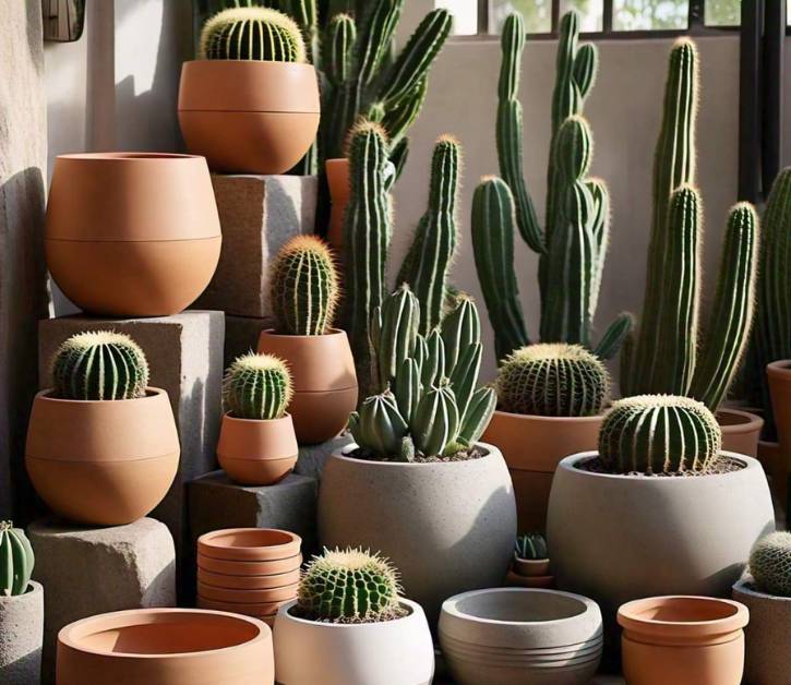 A variety of cacti arranged in terracotta and stone pots, showcasing the importance of selecting the right flower pot for cacti health.