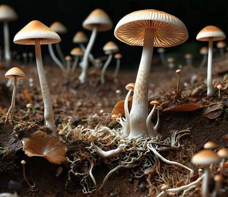 Cluster of brown mushrooms in soil, representing the fruiting bodies of fungi, which are vital for soil health in flower pots and gardens.