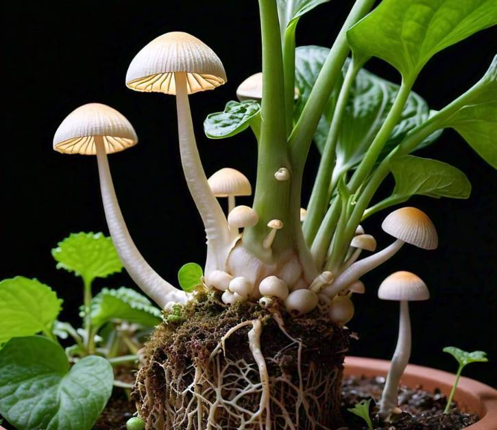 White mushrooms growing alongside a plant in a flower pot, indicating healthy soil with organic matter and potential beneficial fungi.