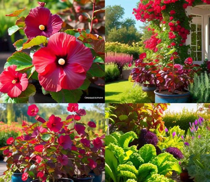 A vibrant garden showcasing Florida cranberry hibiscus used creatively in ornamental borders, container gardening, and edible gardens.