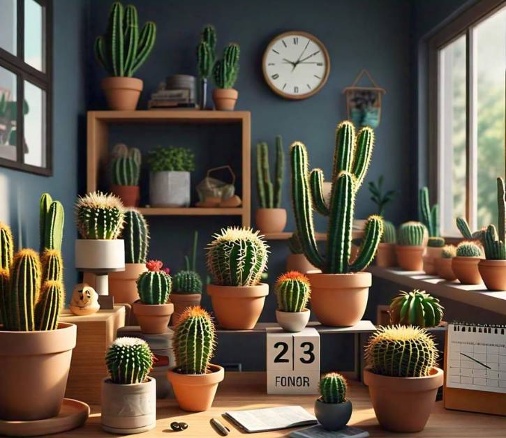 A variety of cacti in terracotta pots arranged on shelves and a table, showcasing the low-maintenance benefits of cactus in flower pots.