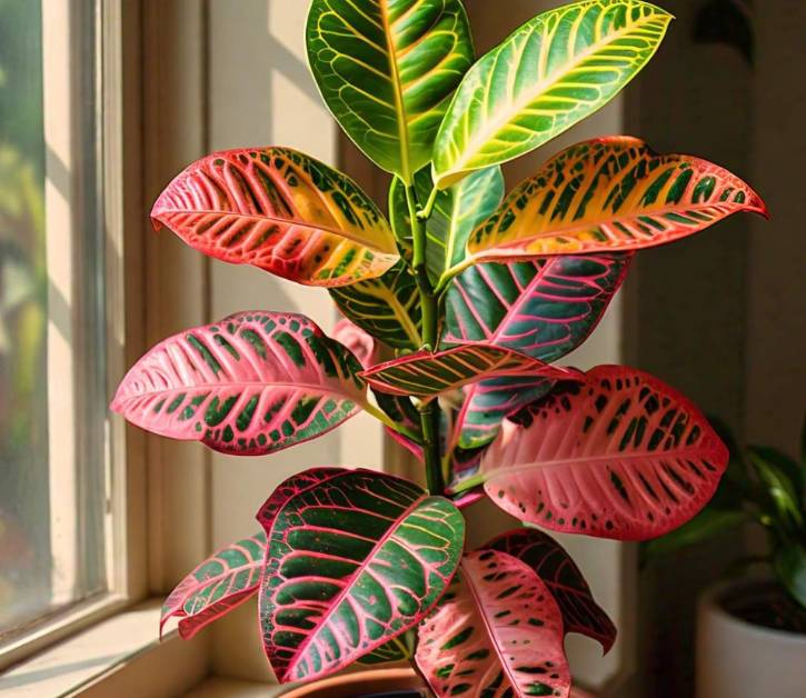 Croton Mammy plant thriving in strong indirect light, with vibrant leaves in red, green, and yellow, ideal for optimal growth.