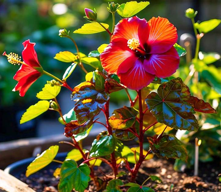 Florida cranberry hibiscus in full sunlight with bright red flowers and green leaves, thriving in well-draining soil conditions.