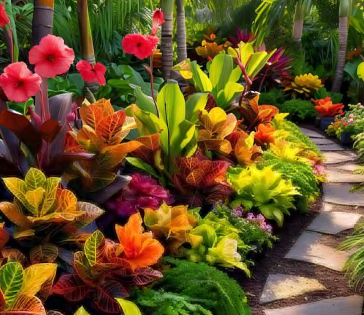 Vibrant garden featuring croton mammy plant with colorful foliage, enhancing landscape design with texture and rich hues.