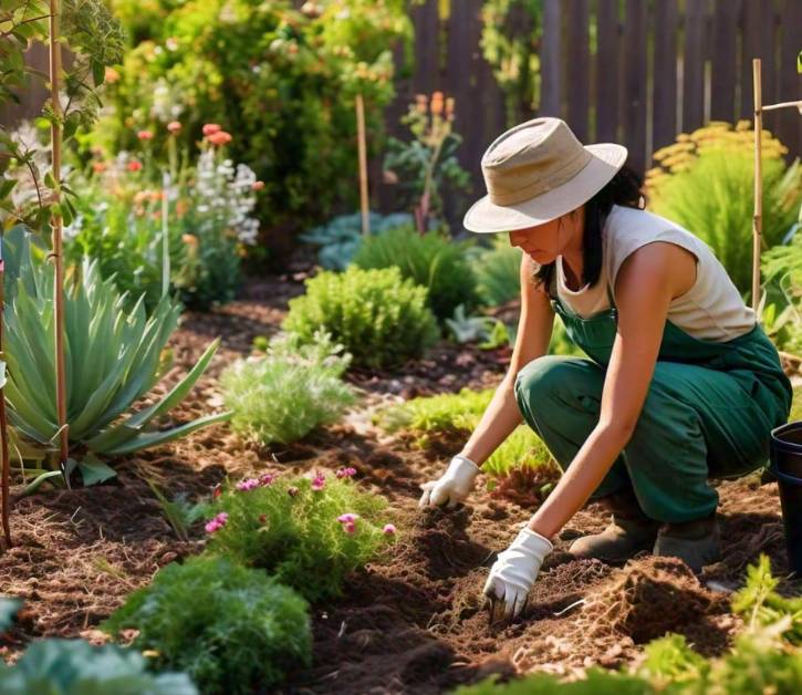 A gardener tending to plants in a drought tolerant yard, demonstrating ongoing maintenance to keep the landscape healthy.