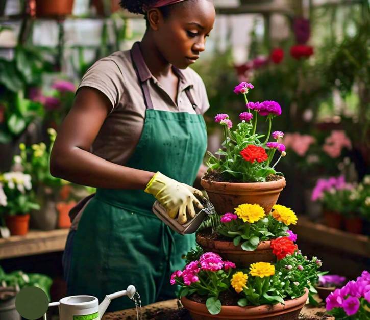 Gardener maintaining stacked flower pots by watering colorful flowers. Demonstrates proper care for a vertical garden setup.