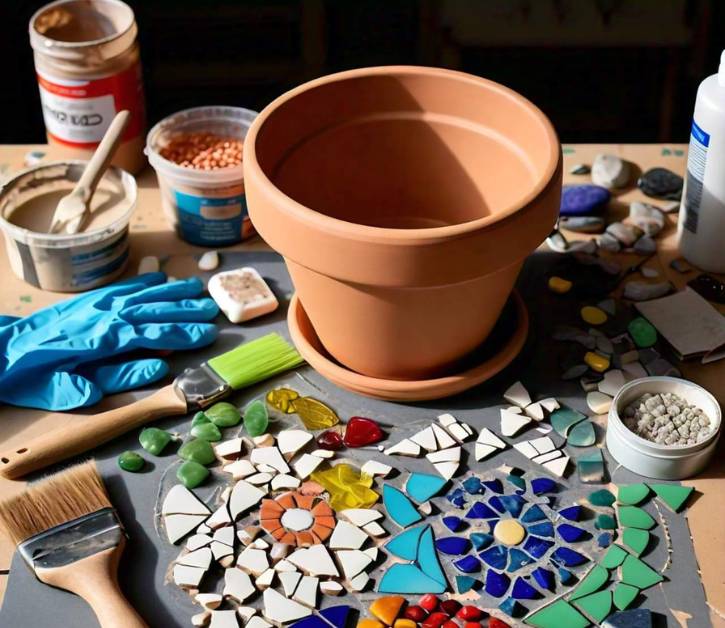 Materials for making a mosaic flower pot, including terra cotta pot, broken tiles, adhesive, grout, and tools, ready for a DIY project.