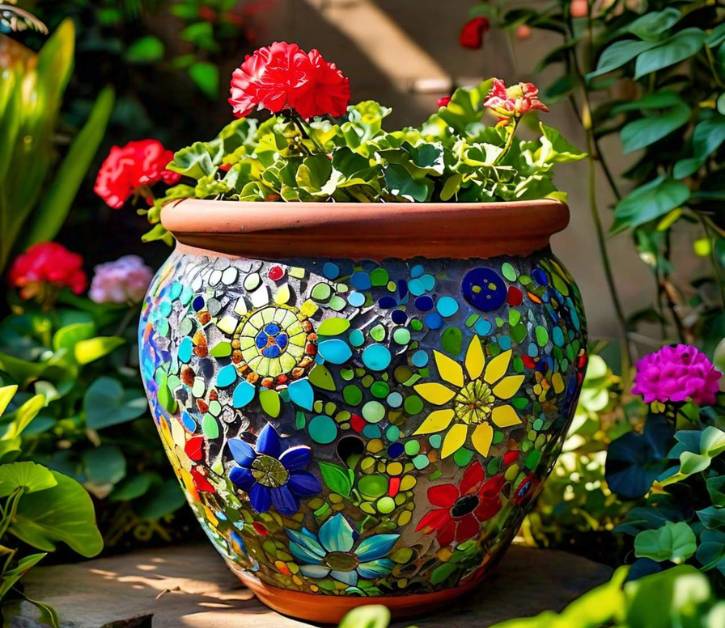 A colorful mosaic flower pot with intricate floral designs made from tiles, perfect for decorating gardens or indoor spaces.