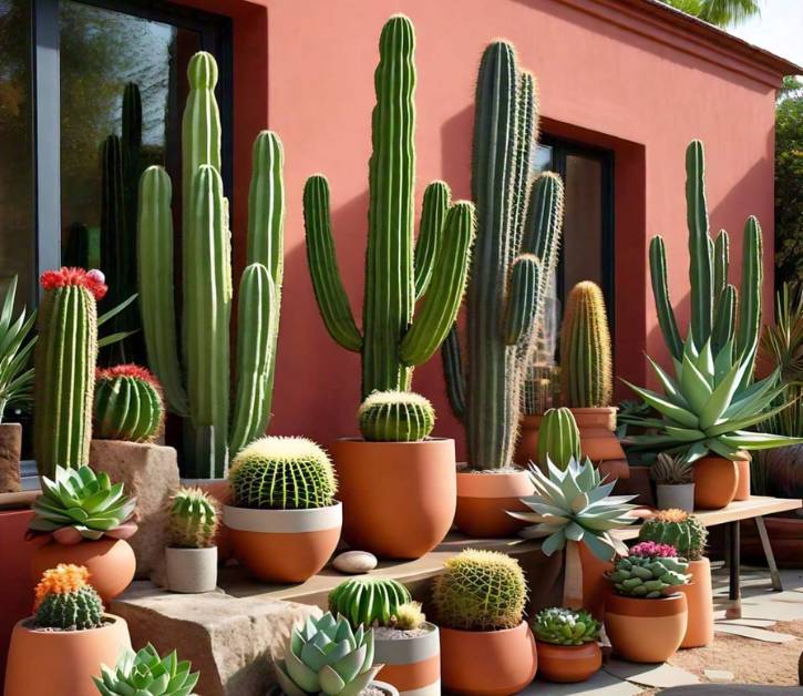 Outdoor cactus arrangement featuring various cacti and succulents in flower pots, ideal for low-maintenance patio or garden decor.