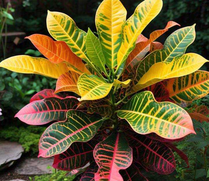 Vibrant Croton Mammy plant thriving outdoors, showcasing its colorful leaves in a warm, humid tropical climate.