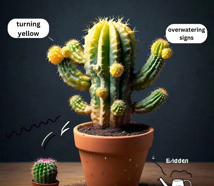 Cactus in flower pot showing overwatering signs with yellowing branches, indicating too much water.