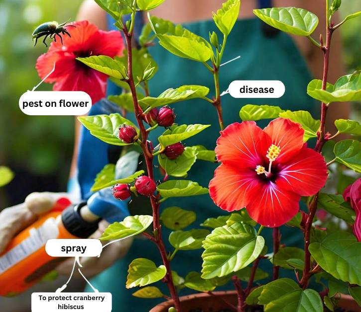 Gardener spraying organic insecticidal soap on cranberry Florida to control pests on the flower and prevent diseases.