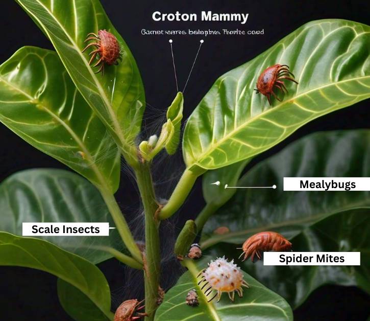 Close-up of a Croton Mammy plant infested with common pests including spider mites, mealybugs, and scale insects.